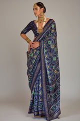 Dark Blue Art Silk Patola Print Saree