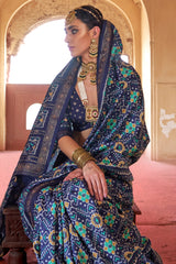 Dark Blue Art Silk Patola Print Saree