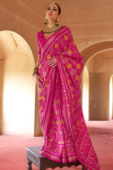Dark Pink Art Silk Patola Print Saree