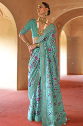 Aqua Blue Art Silk Patola Print Saree