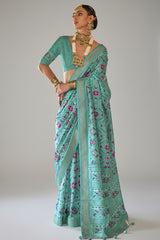 Aqua Blue Art Silk Patola Print Saree