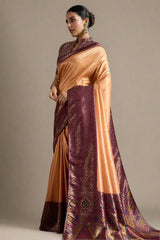 Peach Art Silk Woven Saree with Contrast Border and Pallu