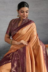 Peach Art Silk Woven Saree with Contrast Border and Pallu