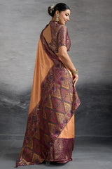 Peach Art Silk Woven Saree with Contrast Border and Pallu