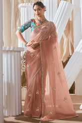 Light Peach Tissue Saree with Sequin Embroidery Work