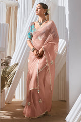 Light Peach Tissue Saree with Sequin Embroidery Work
