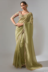 Olive Green Tissue Saree with Sequin Embroidery Work