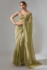 Olive Green Tissue Saree with Sequin Embroidery Work