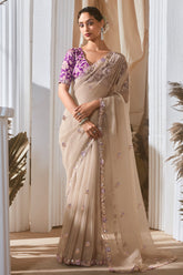 Cream Tissue Saree with Sequin Embroidery Work
