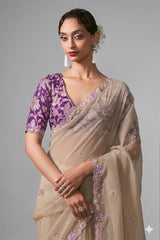 Cream Tissue Saree with Sequin Embroidery Work - cream saree embroidery