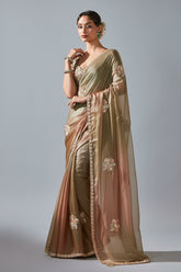 Brown and Green Shaded Tissue Saree with Sequin Embroidery Work