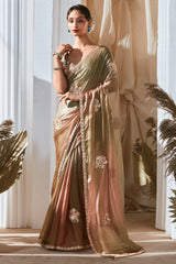 Brown and Green Shaded Tissue Saree with Sequin Embroidery Work