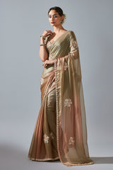 Brown and Green Shaded Tissue Saree with Sequin Embroidery Work