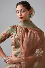 Brown and Green Shaded Tissue Saree with Sequin Embroidery Work