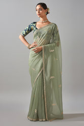 Moss Green Tissue Organza Saree with Sequin and Embroidery Work