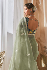 Moss Green Tissue Organza Saree with Sequin and Embroidery Work