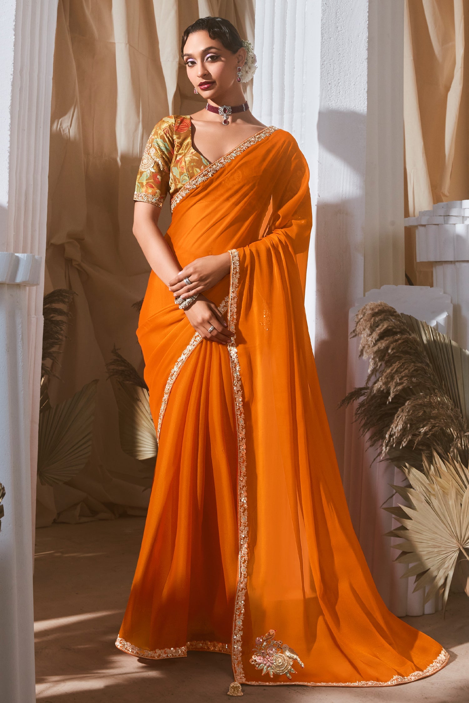 Orange Tissue Organza Saree with Sequin and Embroidery Work - orange organza saree embroidery