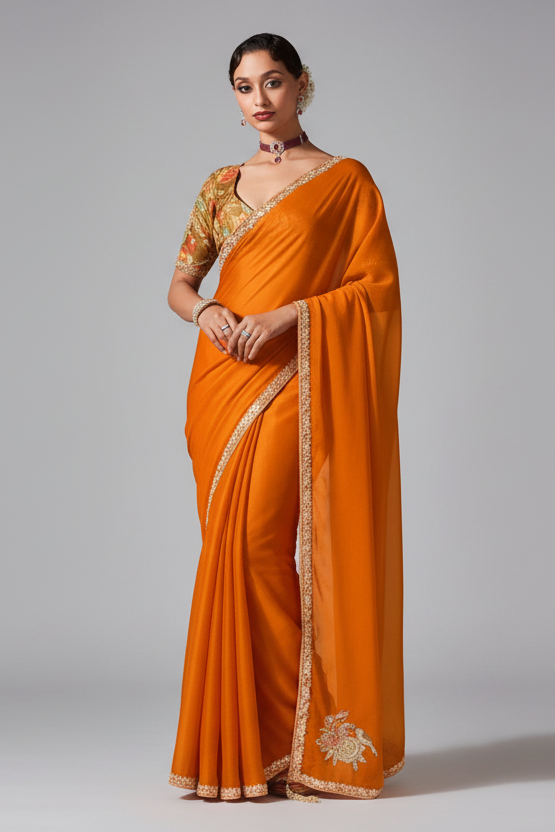 Orange Tissue Organza Saree with Sequin and Embroidery Work - orange organza saree embroidery