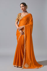 Orange Tissue Organza Saree with Sequin and Embroidery Work