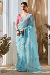 Light Blue Tissue Organza Saree with Sequin and Embroidery Work