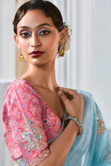 Light Blue Tissue Organza Saree with Sequin and Embroidery Work