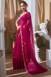 Magenta Tissue Organza Saree with Sequin and Embroidery Work