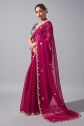 Magenta Tissue Organza Saree with Sequin and Embroidery Work