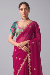 Magenta Tissue Organza Saree with Sequin and Embroidery Work - magenta organza saree embroidery