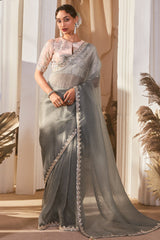 Grey Tissue Organza Saree with Sequin and Embroidery Work