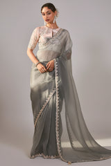 Grey Tissue Organza Saree with Sequin and Embroidery Work