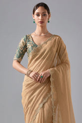 Beige Tissue Organza Saree with Sequin and Embroidery Work - beige organza saree embroidery