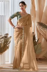 Beige Tissue Organza Saree with Sequin and Embroidery Work