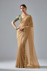 Beige Tissue Organza Saree with Sequin and Embroidery Work