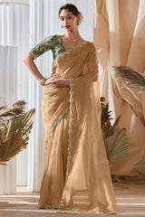 Beige Tissue Organza Saree with Sequin and Embroidery Work