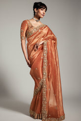 Orange Tissue Organza Saree with Sequin and Embroidery Work