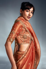 Orange Tissue Organza Saree with Sequin and Embroidery Work