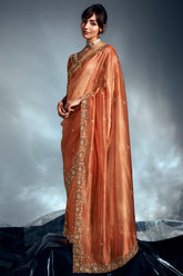 Orange Tissue Organza Saree with Sequin and Embroidery Work