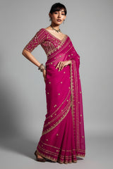Magenta Tissue Organza Saree with Sequin and Embroidery Work