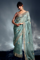 Sky Blue Tissue Organza Saree with Sequin and Embroidery Work