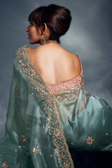 Sky Blue Tissue Organza Saree with Sequin and Embroidery Work