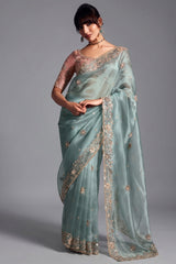 Sky Blue Tissue Organza Saree with Sequin and Embroidery Work
