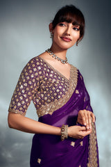 Dark Purple Tissue Organza Saree with Sequin and Embroidery Work