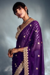 Dark Purple Tissue Organza Saree with Sequin and Embroidery Work