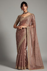 Dusty Peach Tissue Organza Saree with Sequin and Embroidery Work