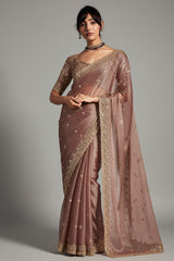 Dusty Peach Tissue Organza Saree with Sequin and Embroidery Work