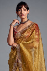Yellow Tissue Organza Saree with Sequin and Embroidery Work