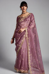 Pink Tissue Organza Saree with Sequin and Embroidery Work