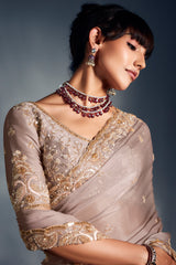 Cream Tissue Organza Saree with Sequin and Embroidery Work