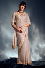 Cream Tissue Organza Saree with Sequin and Embroidery Work