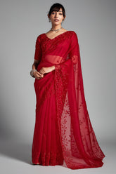 Red Tissue Organza Saree with Sequin and Embroidery Work